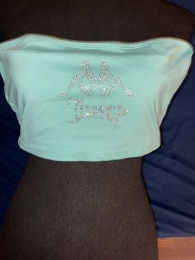 Juicy Couture Aqua Rhinestone Logo Strapless Crop Top